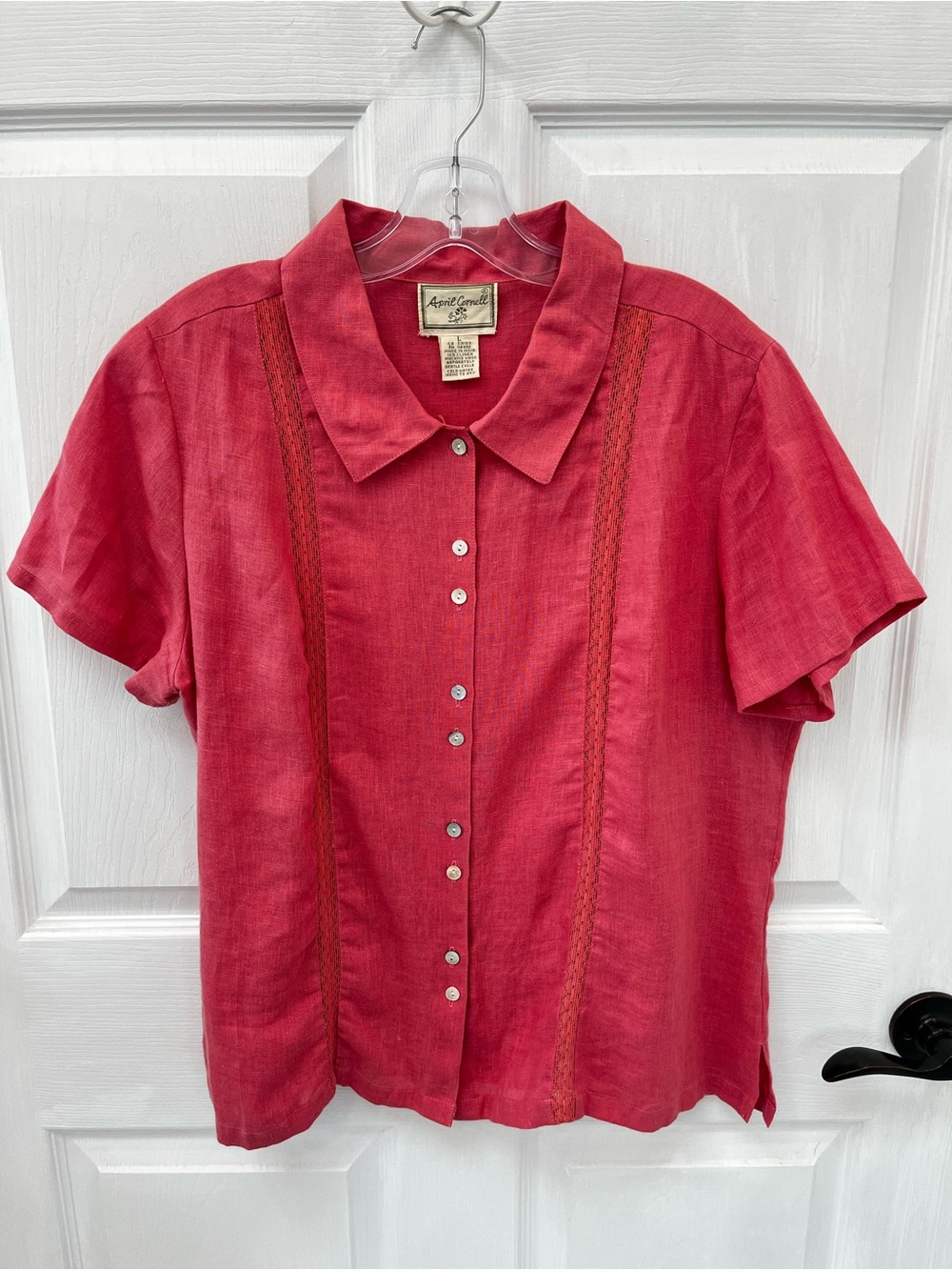 April Cornell 100% Linen Shirt Large Coral Red Short Sleeve Lace Button Up Boho